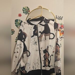 SHEIN Black and White Cat Print Utility Jacket